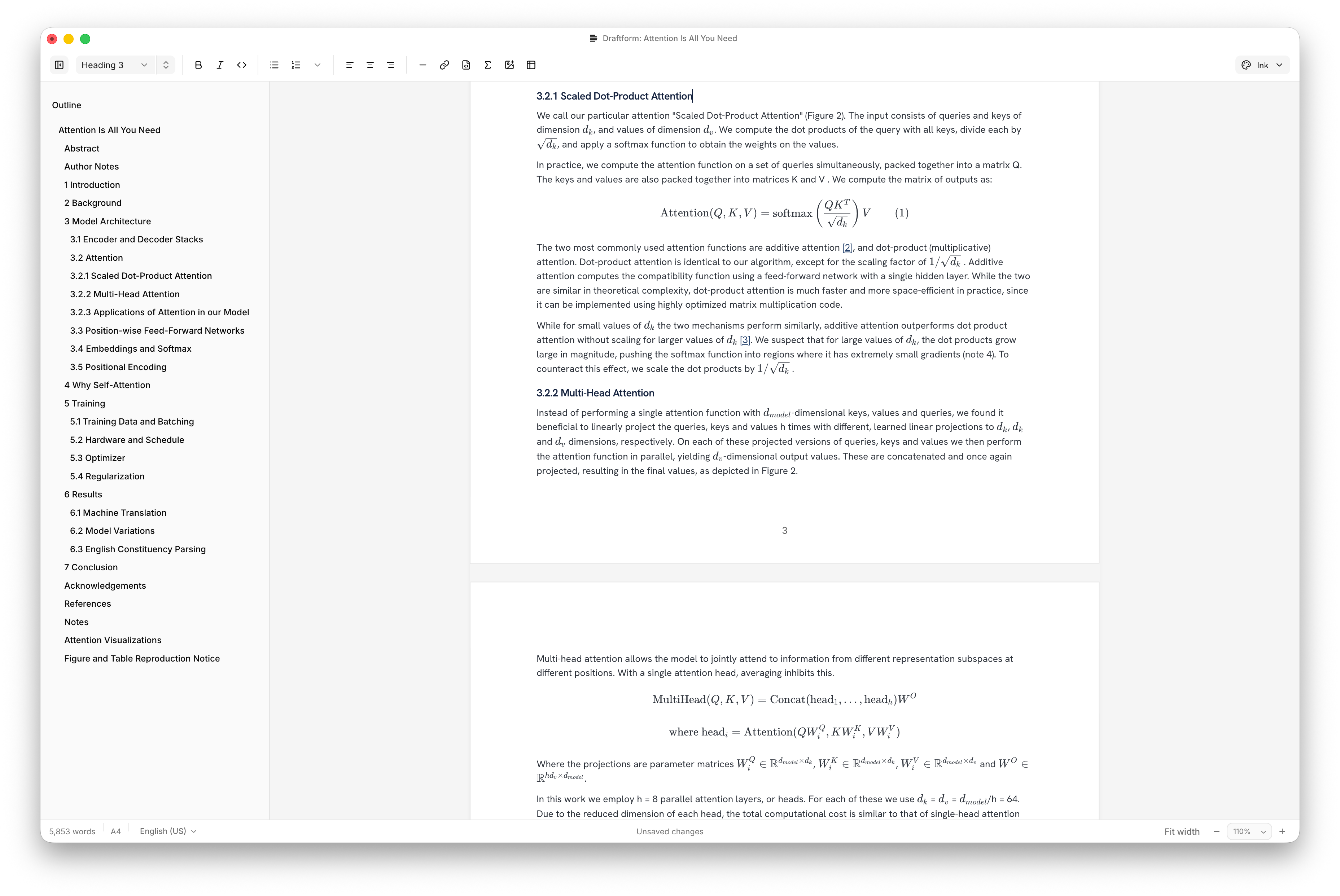 The Draftform editor showing “Attention Is All You Need”, with the document outline on the left and the formatting toolbar above the page.